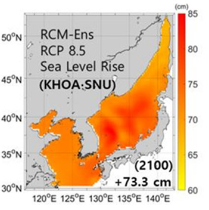 한국 주변해역 평균 해수면 상승 전망 분포도./자료=국립해양조사원