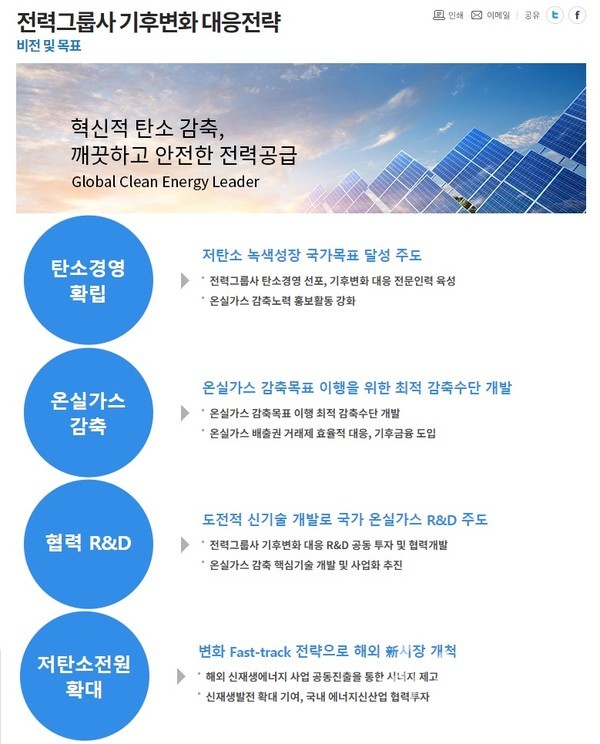 한국전력공사 홈페이지의 ‘전력그룹사 기후변화 대응전략’ 자료. /캡처=최양수
