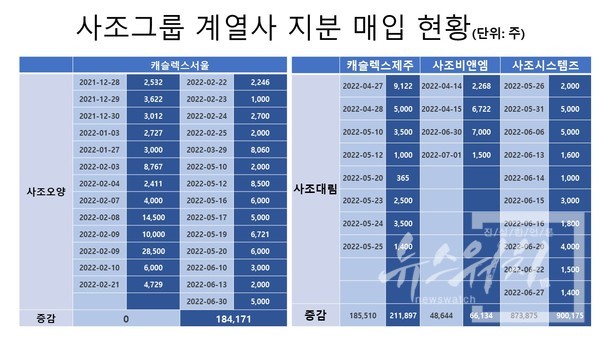 사조그룹 계열사 지분매입 현황1. / 그래픽=김성화 기자