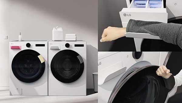 유니버설 업 키트 중 하나인 세탁기 ‘이지 핸들’을 사용하는 모습. 사진=LG전자