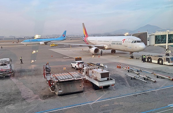 서울시 강서구 김포공항 계류장에 대한항공 항공기와 아시아나항공 항공기가 멈춰 서 있는 모습. 사진=최양수 기자